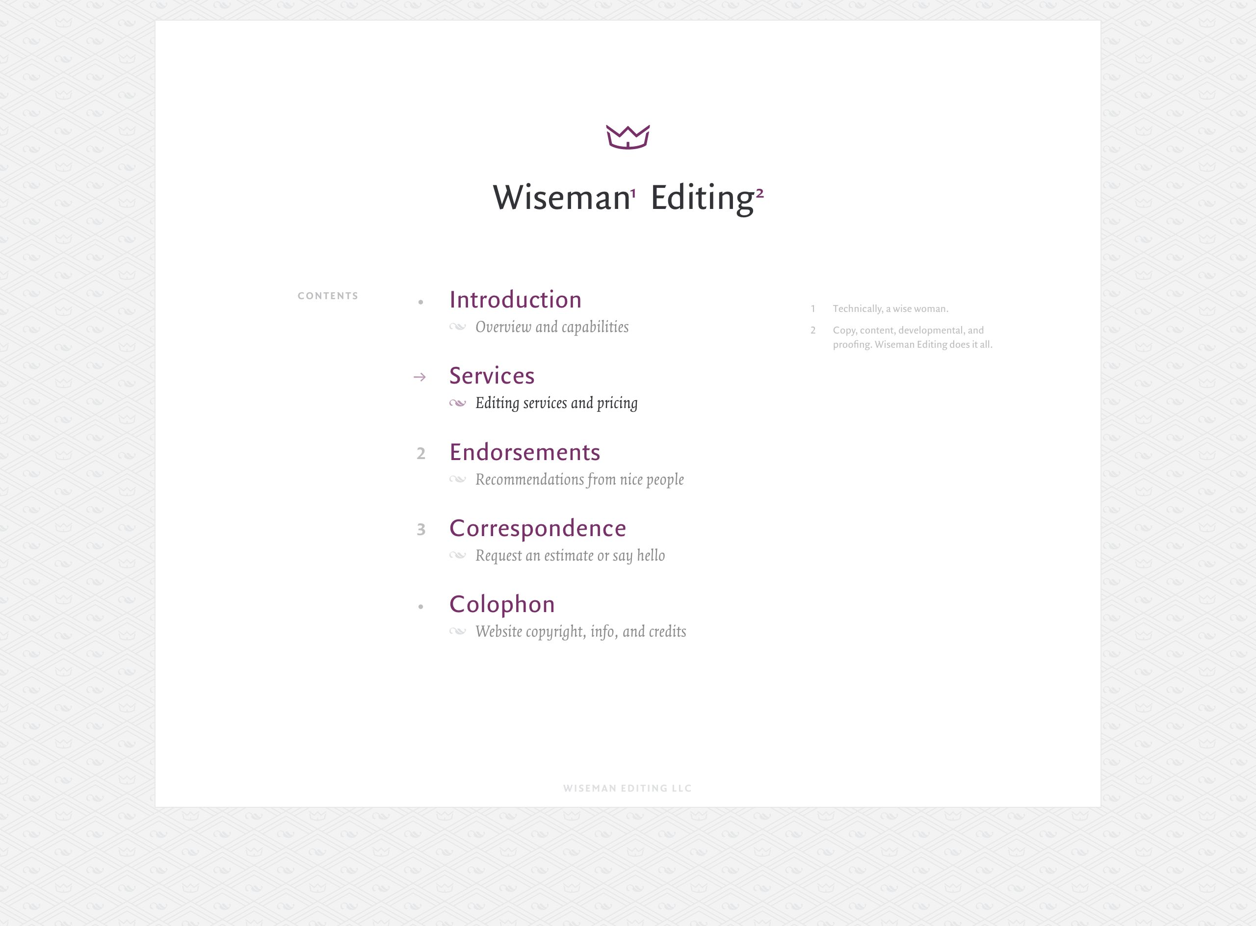 Wiseman Editing - Website Table of Contents